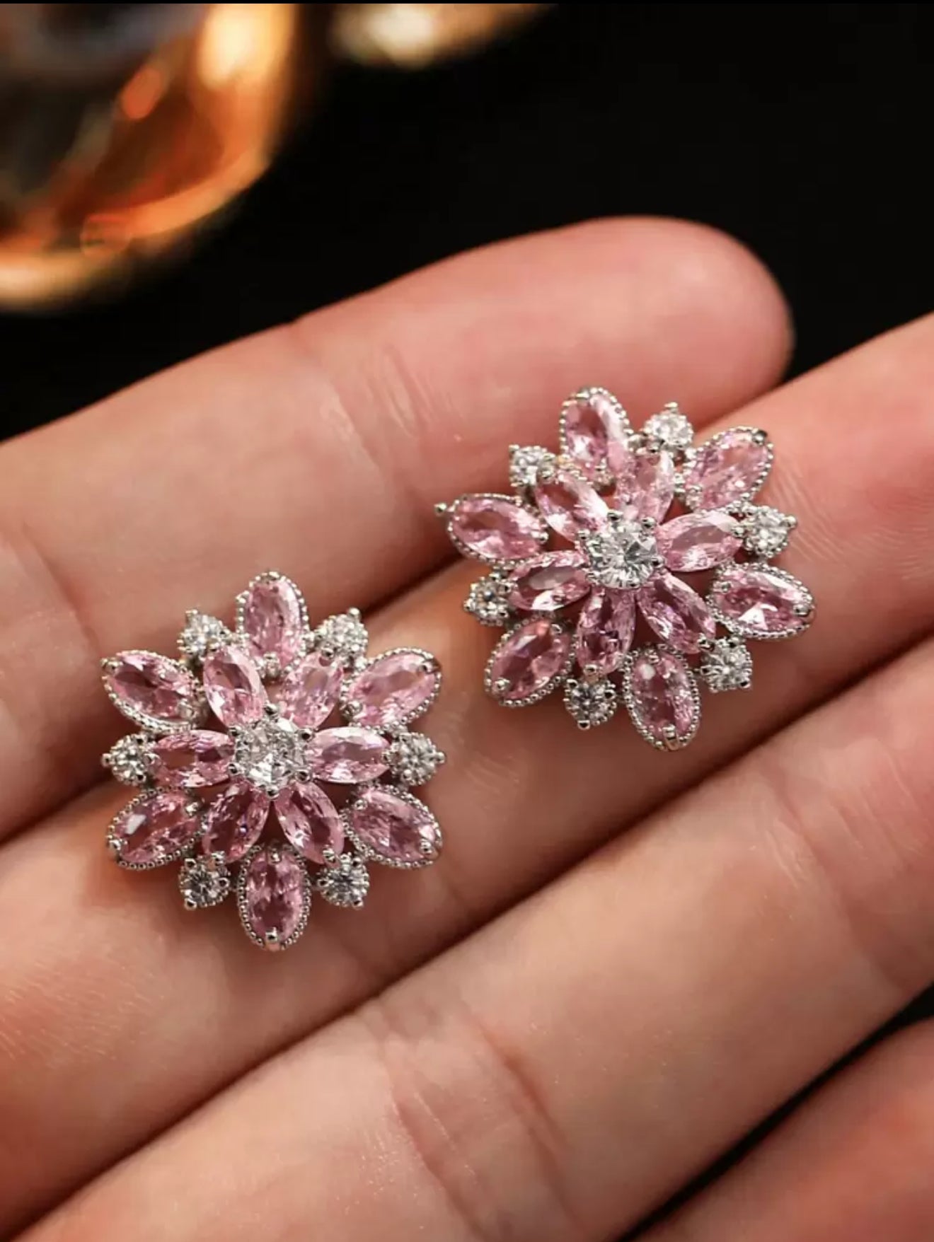 Certified Zirconia Big Flower Pink Stud Earrings