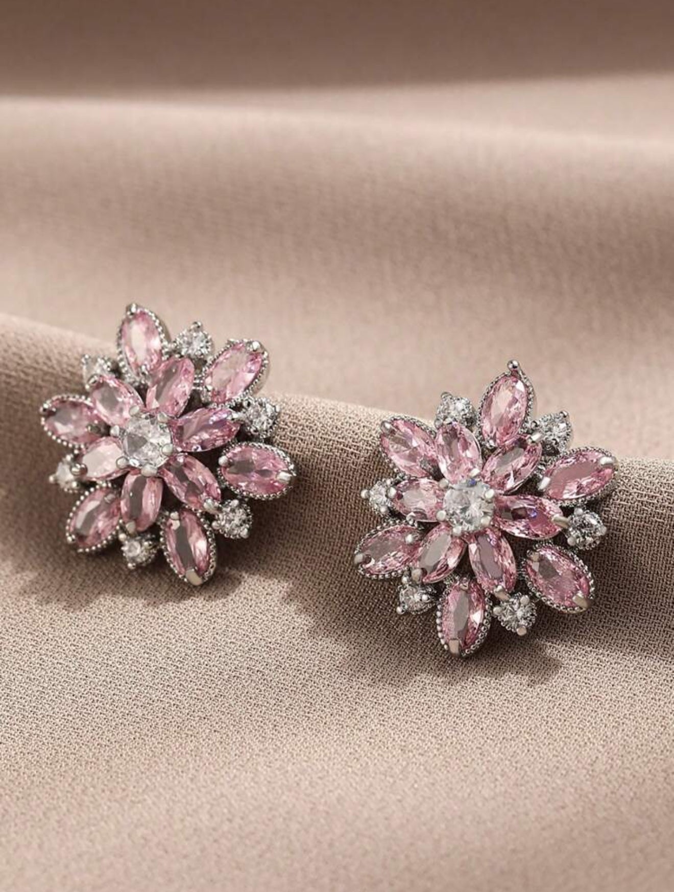 Certified Zirconia Big Flower Pink Stud Earrings