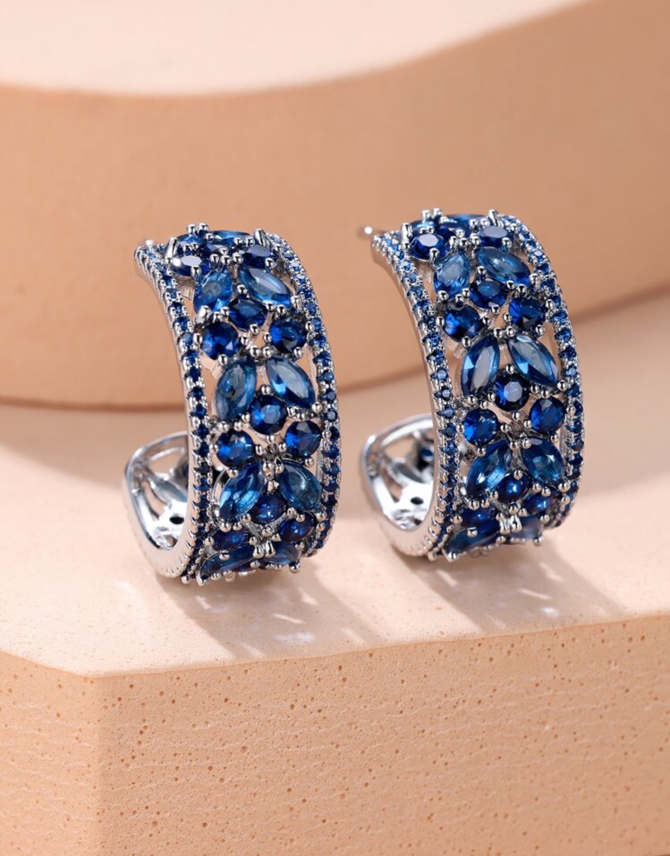Cubic Zirconia Sapphire Decor Hoop Earrings