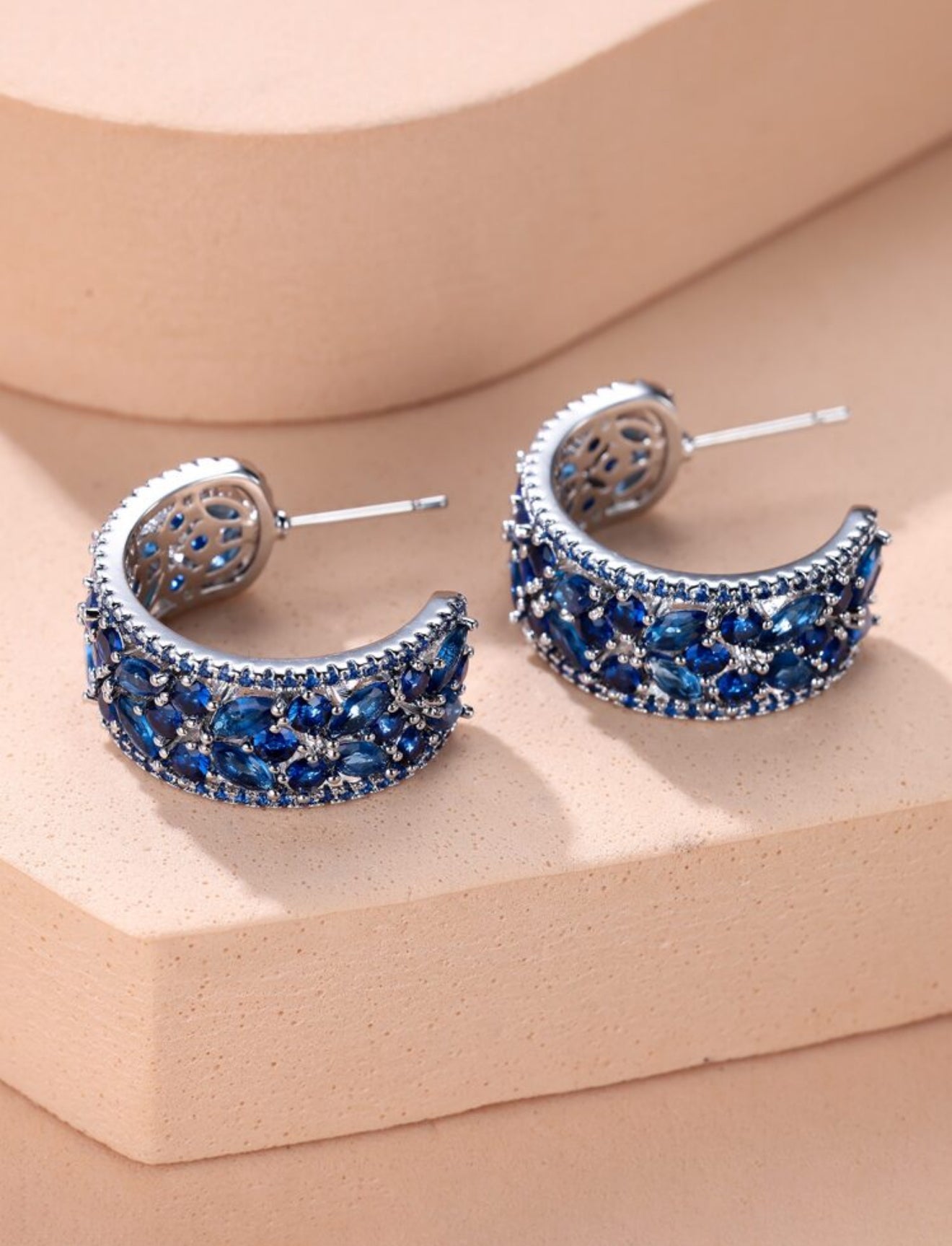 Cubic Zirconia Sapphire Decor Hoop Earrings