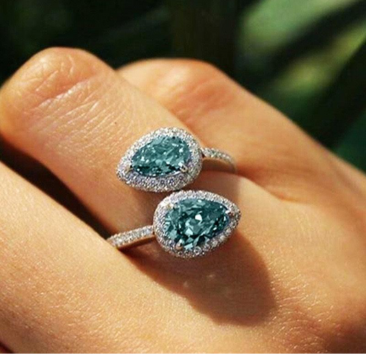 Aqua Stone Double Zircon Tear Adjustable Ring