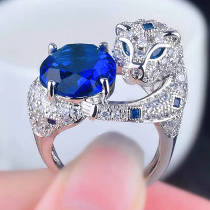 Sapphire Zircon Studded Tiger Adjustable Ring