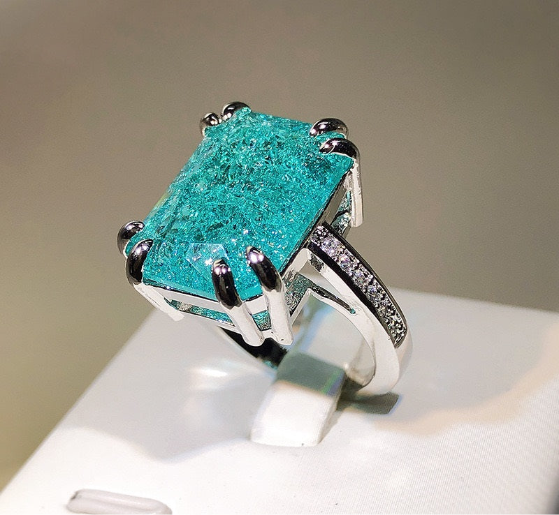 Aqua Zircon Rectangle Ring close-up 