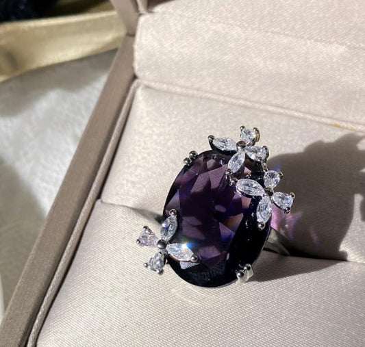 Zircon Amethyst Flower Adjustable Ring