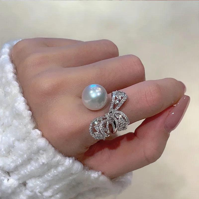 Diamond Studded Pearl Bow Ring - Havenon Store