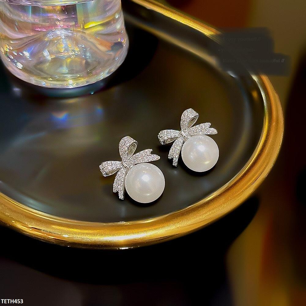 Elegant Silver-Plated Pearl Bow Stud Earrings  