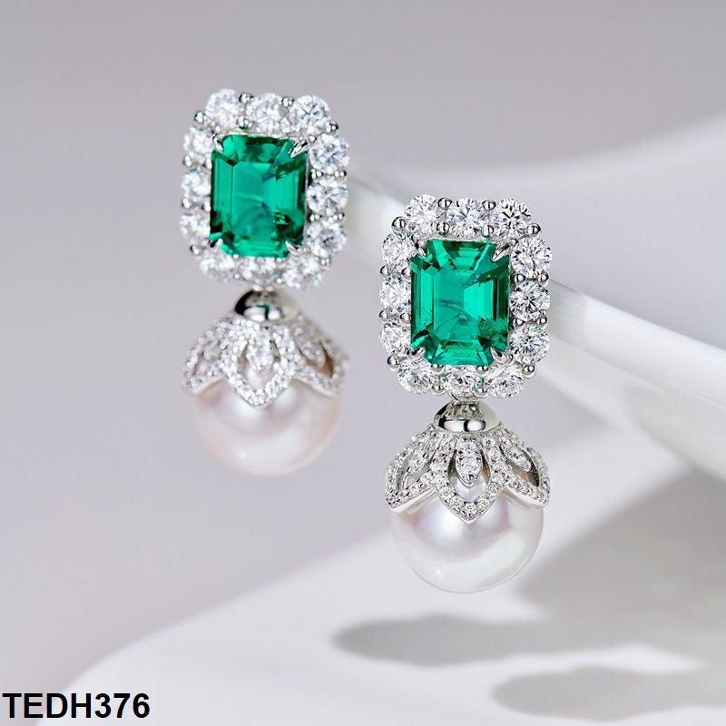 Emerald Pearl Drop Earrings with zircon stones  