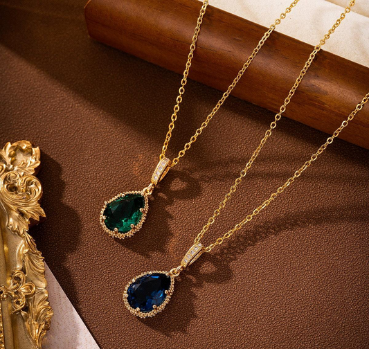 Emerald/Sapphire Tear Pendant with Chain
