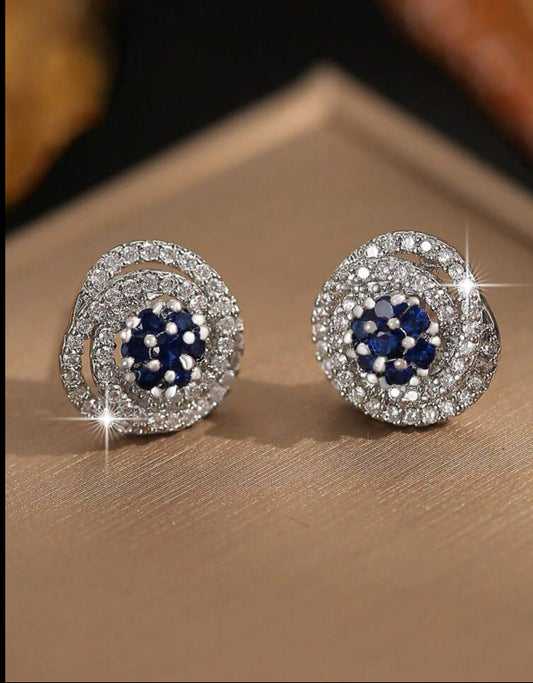 Sapphire Rose Flower Cubic Zirconia Stud Earrings