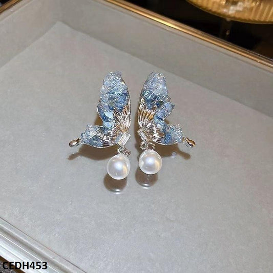 Pearl & Rhinestone Wings Drop Earrings Close-Up  