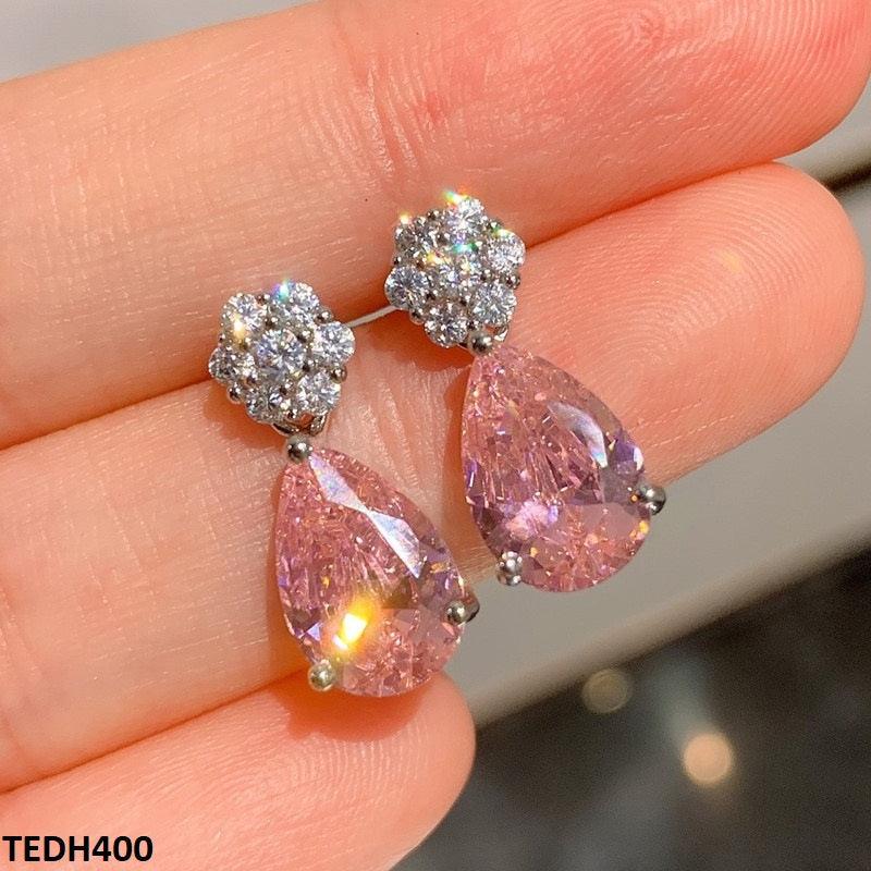 Pink Emerald Tear Drop Earrings close-up view