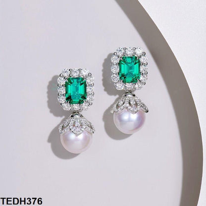 Rectangle zircon Emerald Pearl Drop Earrings  
