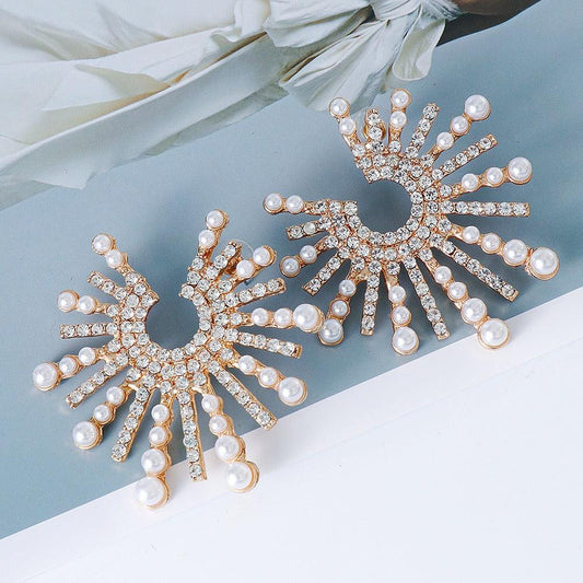 Rhinestone Imitation Pearl Earrings with geometric design  