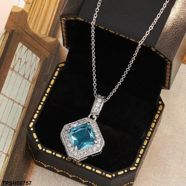 Aqua Zircon Square Drop  Pendant With Chain