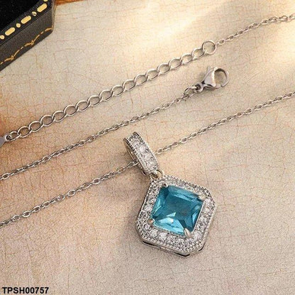 Aqua Zircon Square Drop  Pendant With Chain