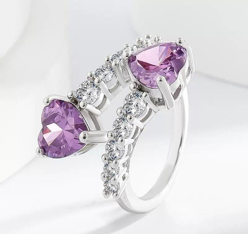 Amethyst Zirconium Round Heart Stone Ring Adjustable