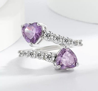 Amethyst Zirconium Round Heart Stone Ring Adjustable