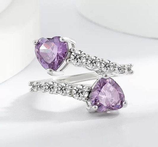 Amethyst Zirconium Round Heart Stone Ring Adjustable